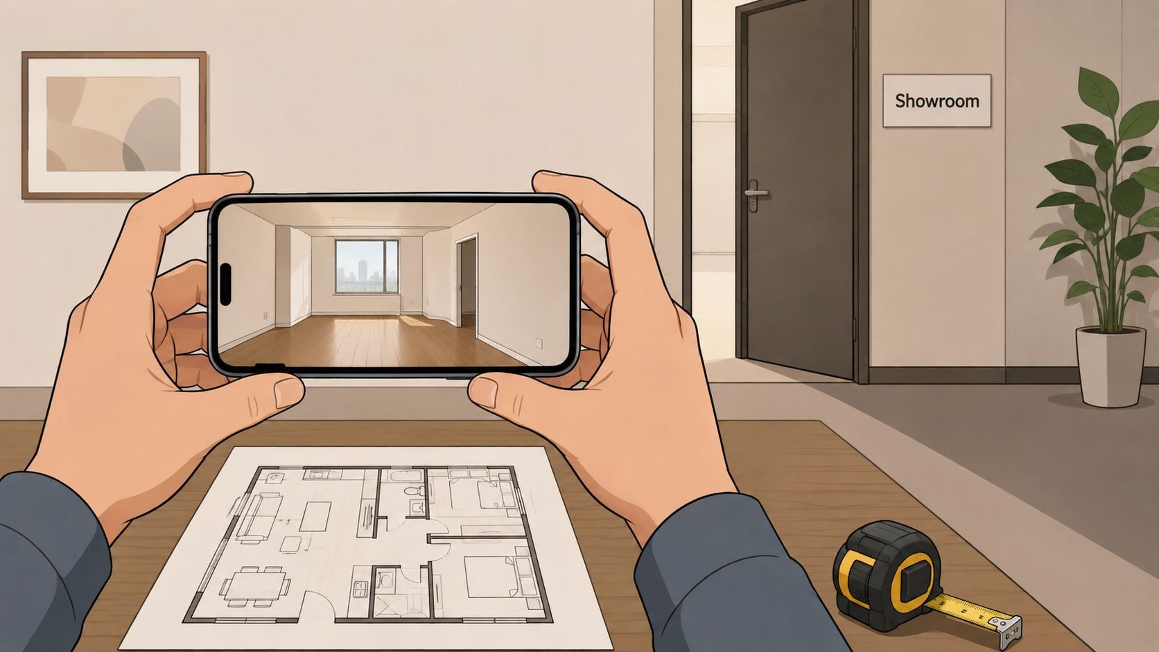 A person holding a smartphone to capture a room view while reviewing apartment floor plans on desk.