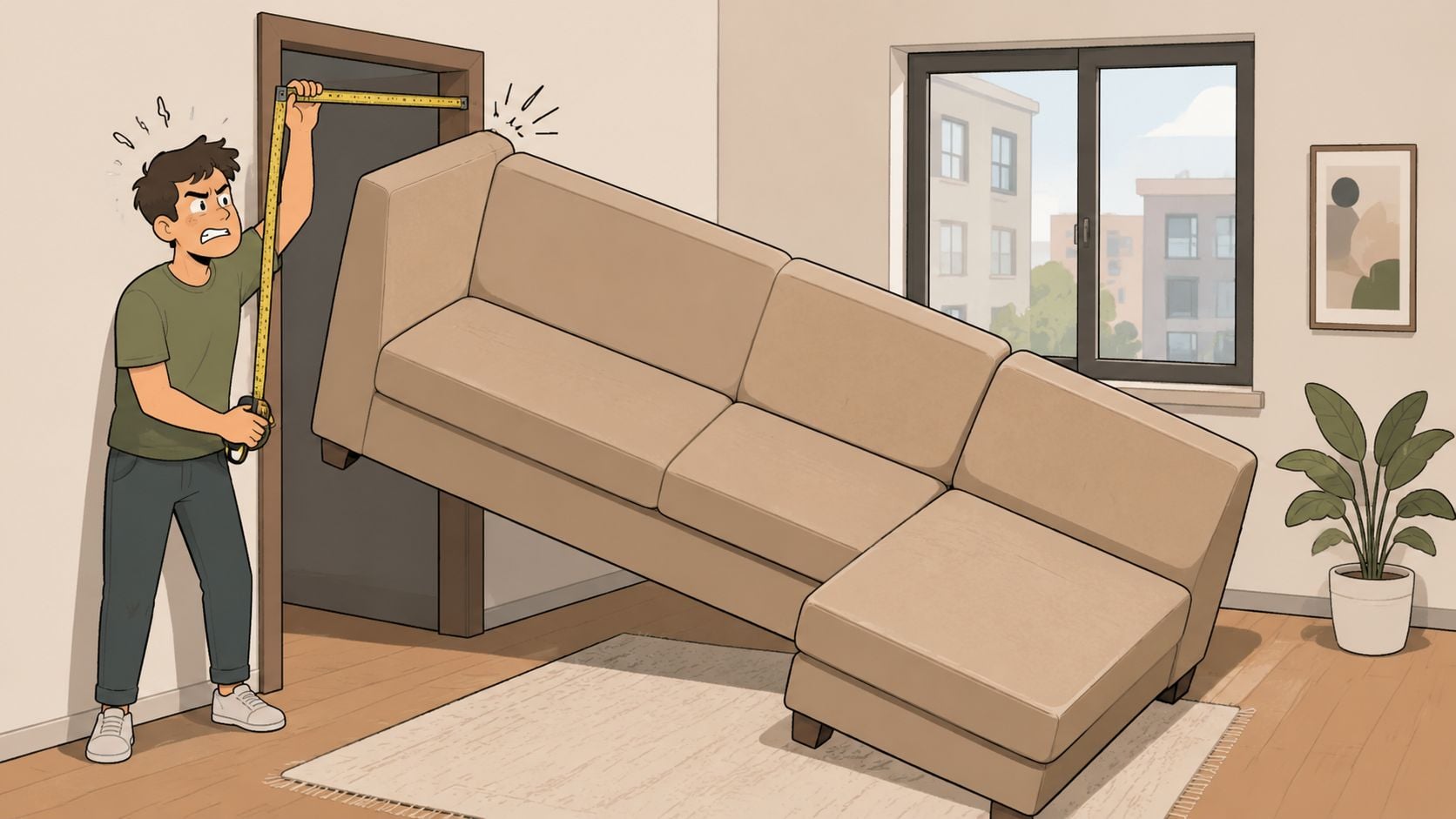 A frustrated man measures a doorway while trying to maneuver a large sectional sofa into his apartment.