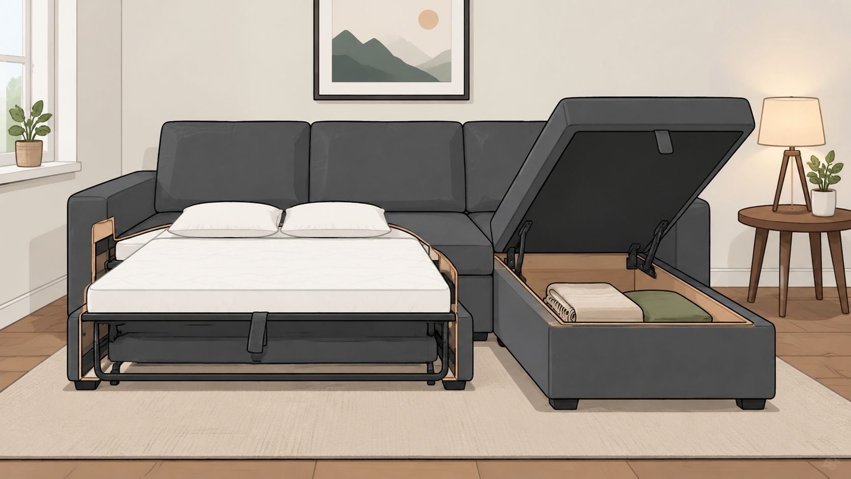 A modern grey sectional sofa with a pull-out bed and hidden storage compartment in a living room.