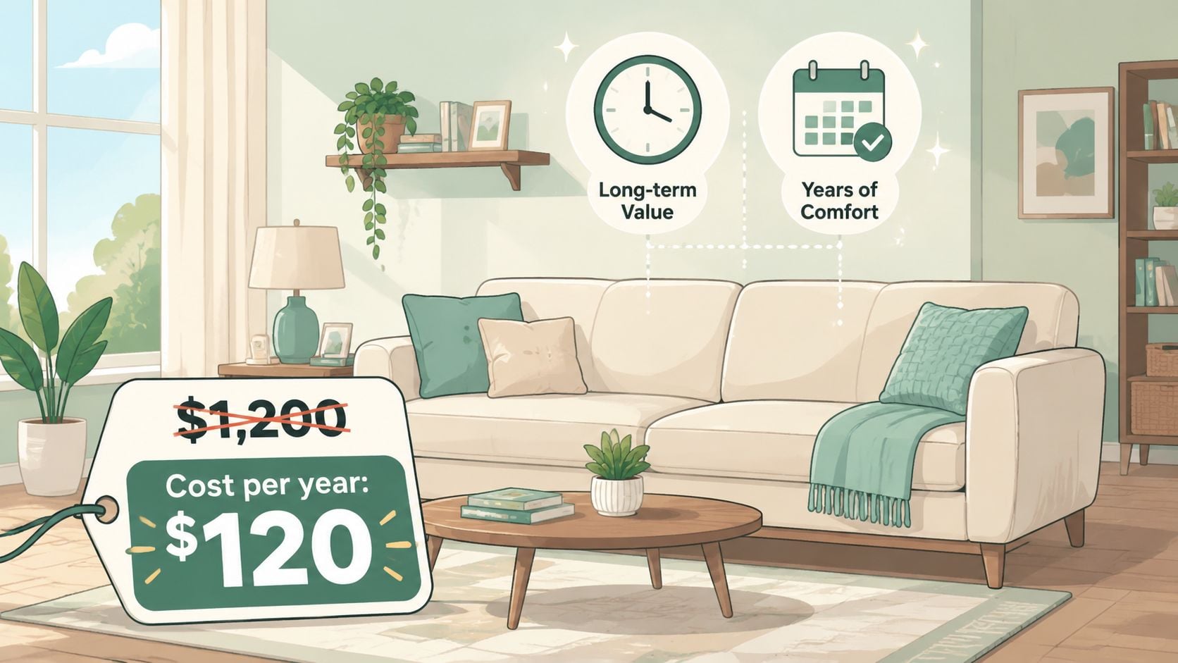A living room featuring a comfortable couch with a price tag highlighting long-term value and affordability.
