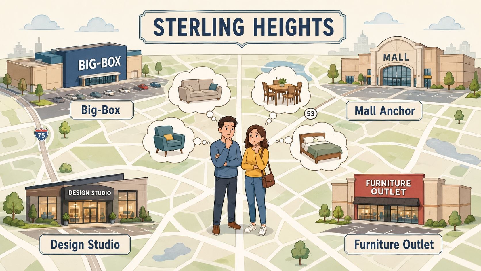 A couple standing on a map of Sterling Heights considering different furniture shopping locations and options.