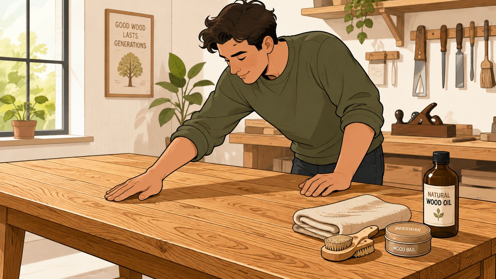 A craftsman applies natural wood oil to a wooden table in his well-lit carpentry workshop studio.