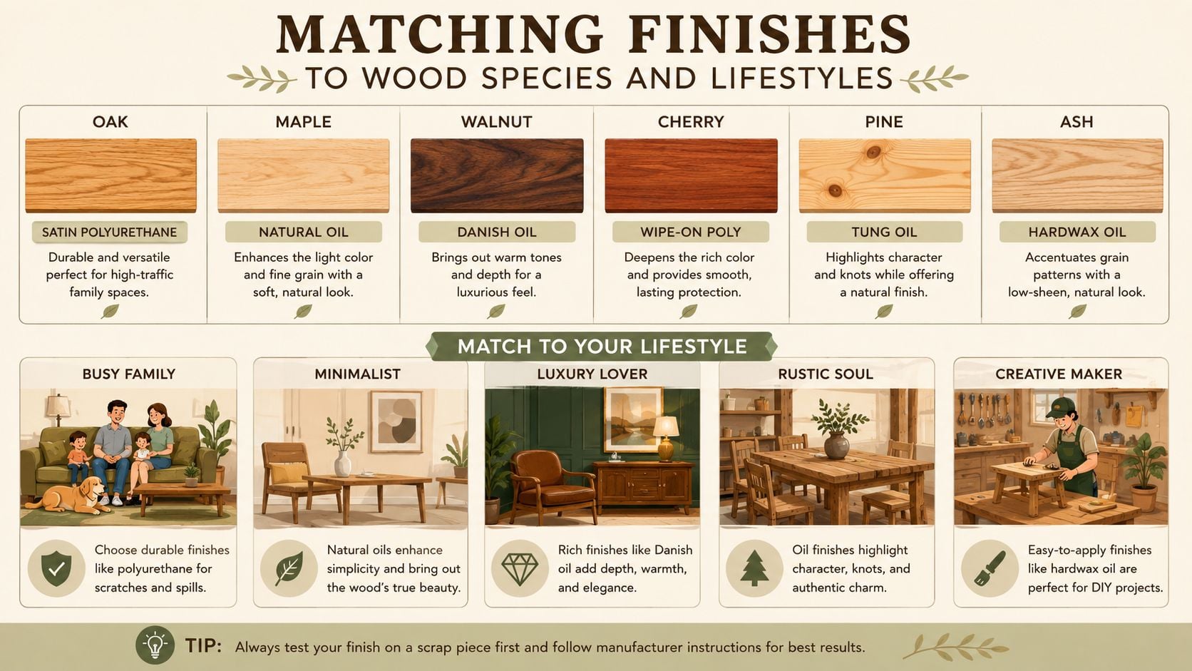 An infographic matching various wood species like oak and walnut with suitable finishes based on personal lifestyle.