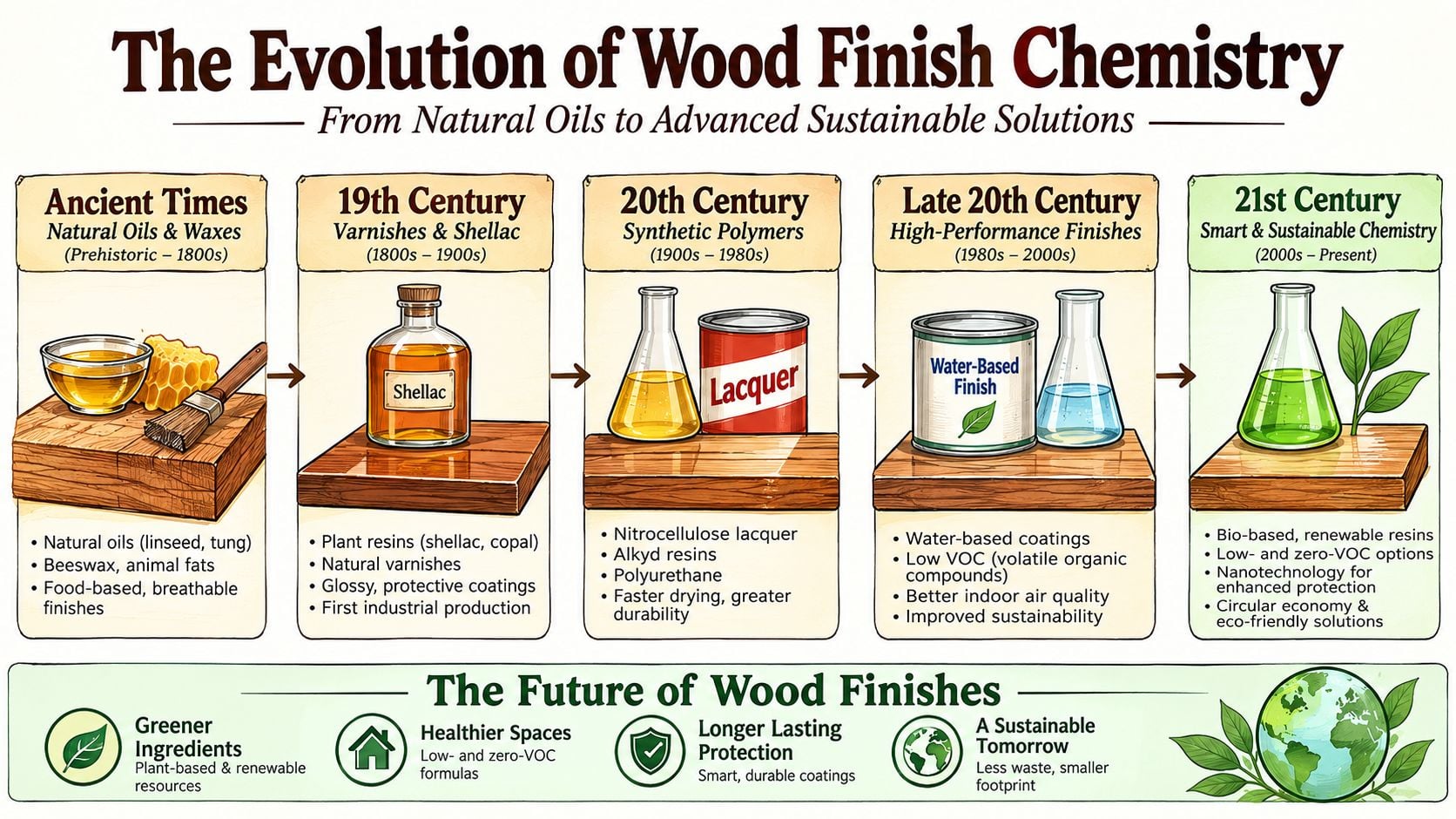 A timeline graphic illustrating the evolution of wood finish chemistry from ancient oils to modern sustainable solutions.