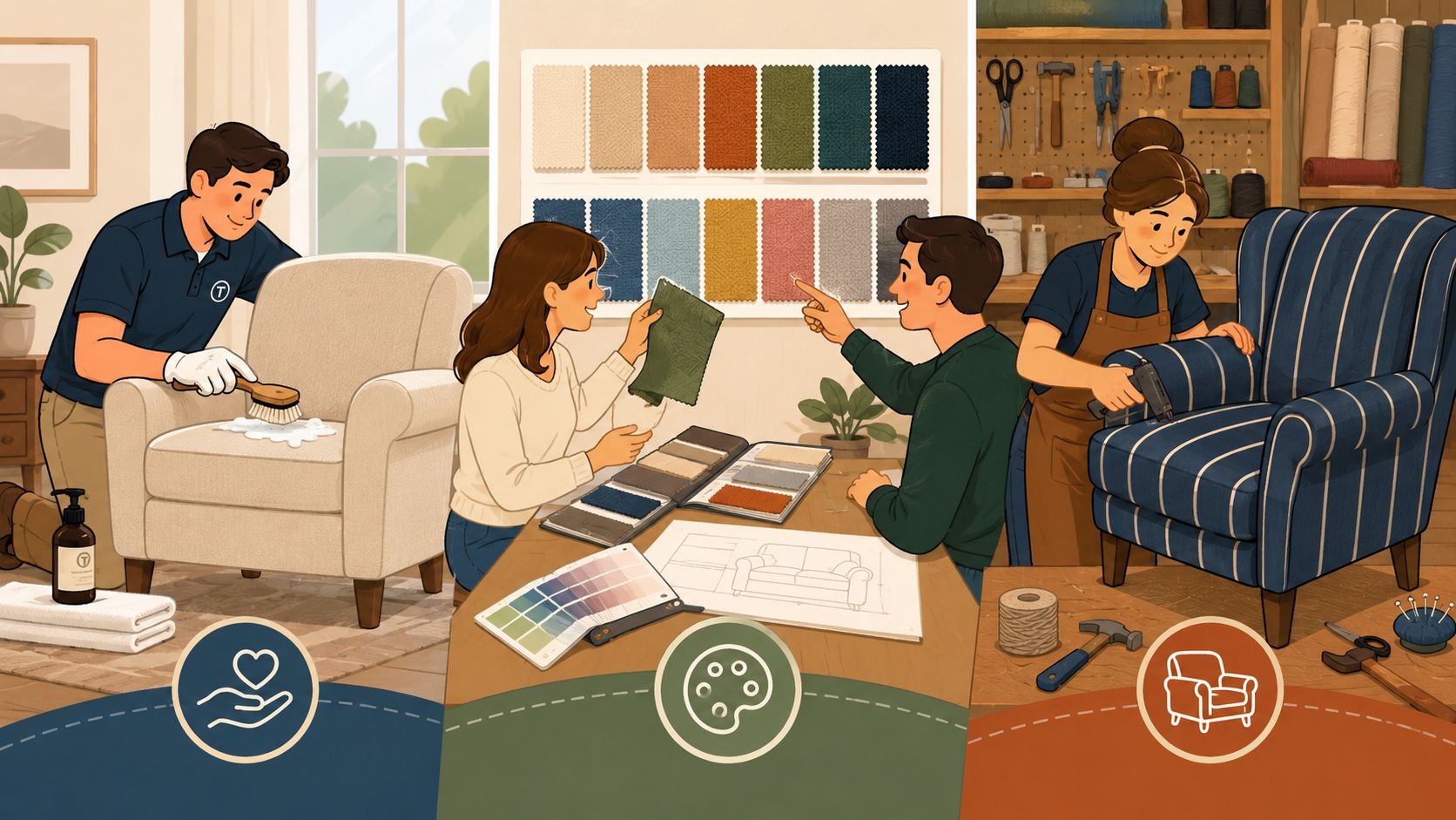 An illustration showing professional furniture cleaning, fabric selection for custom upholstery, and upholstery repair services.