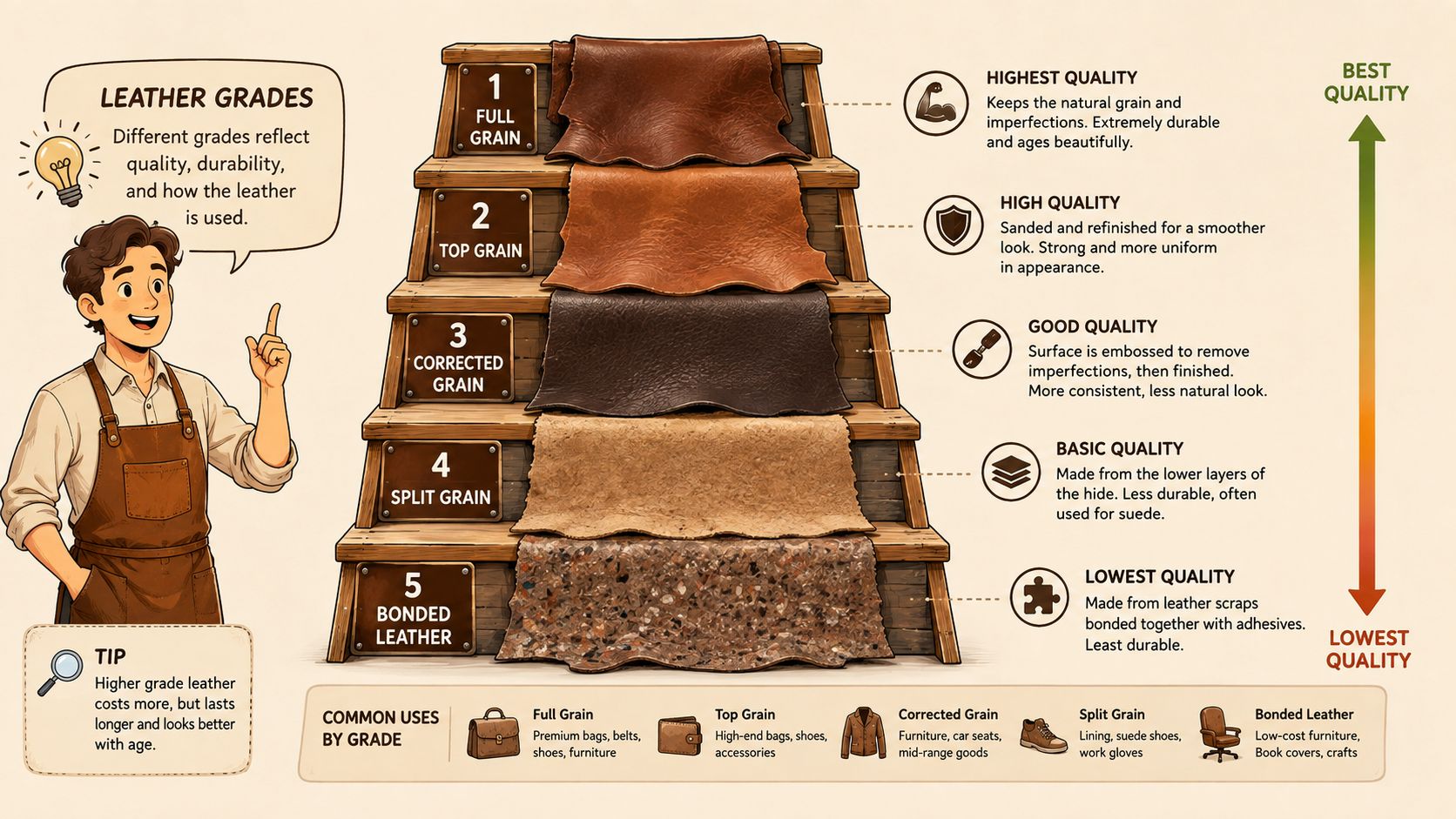 A visual guide explaining the five grades of leather, ranging from full grain to bonded leather, shown on a staircase.