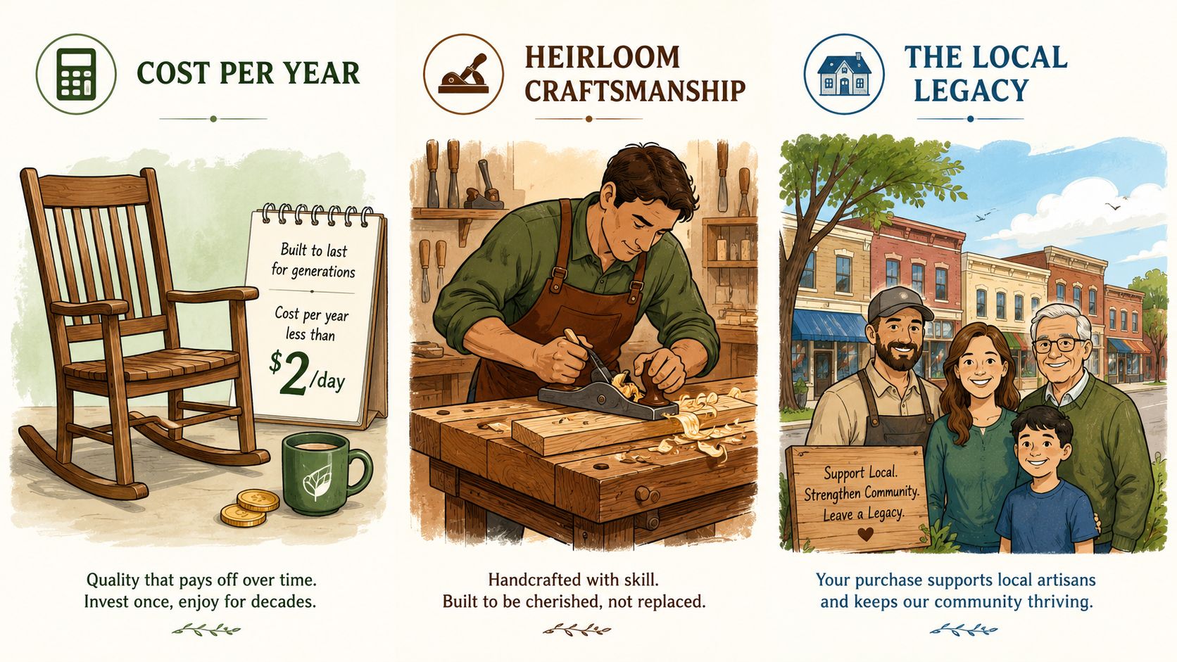 An infographic showing the benefits of artisan-made rocking chairs: cost efficiency, handcrafted quality, and community support.