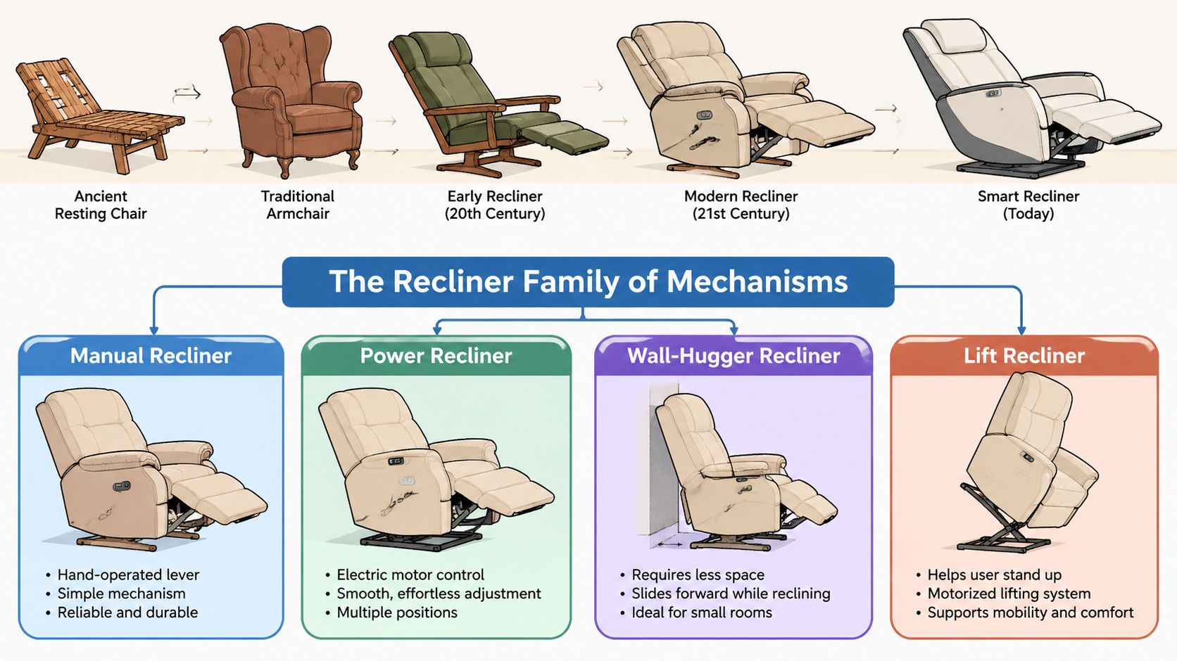 An infographic illustrating the historical evolution of recliner chairs and the different functional types of modern recliners.