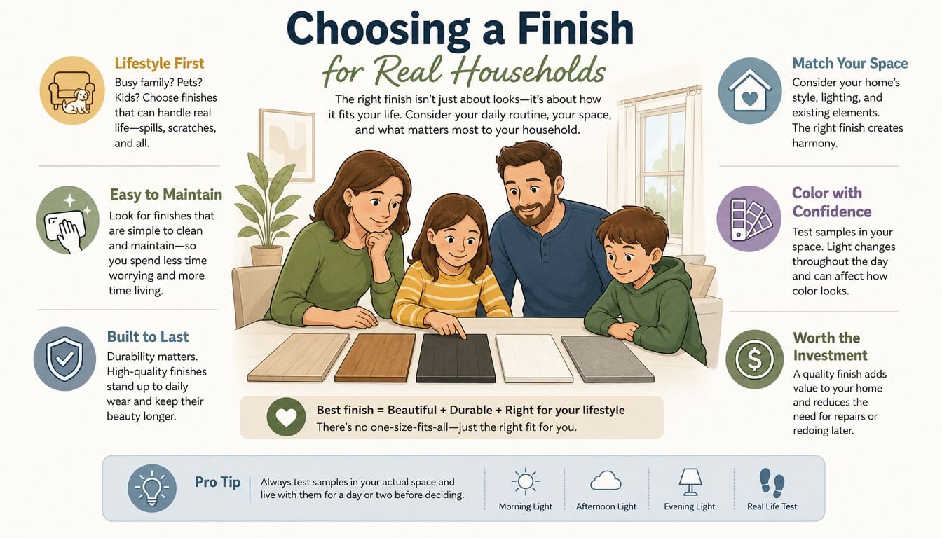 A family choosing the best furniture finishes for their home, considering lifestyle, maintenance, and durability factors.