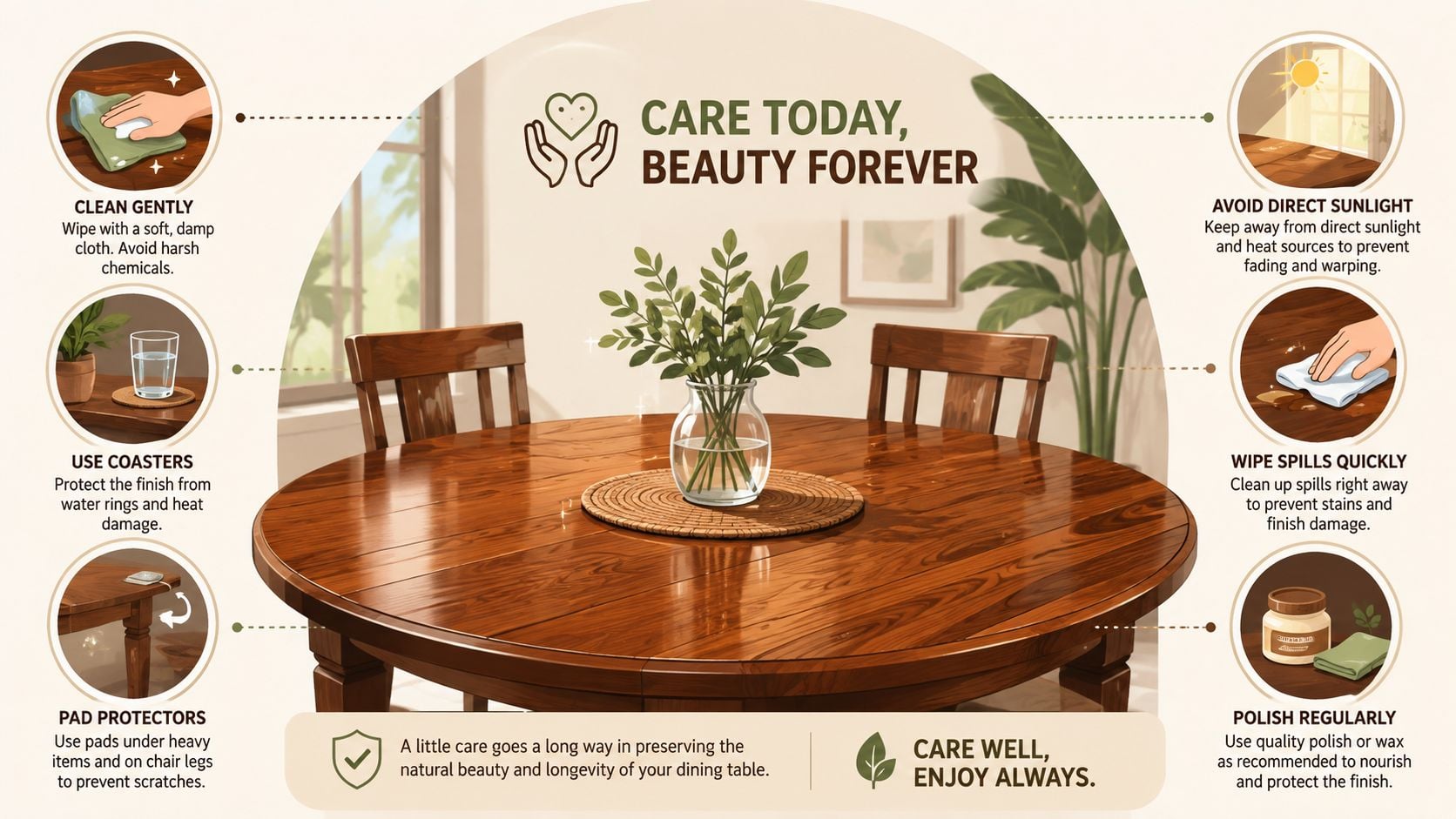 An infographic illustrating six essential care and maintenance tips for a wooden dining room table.