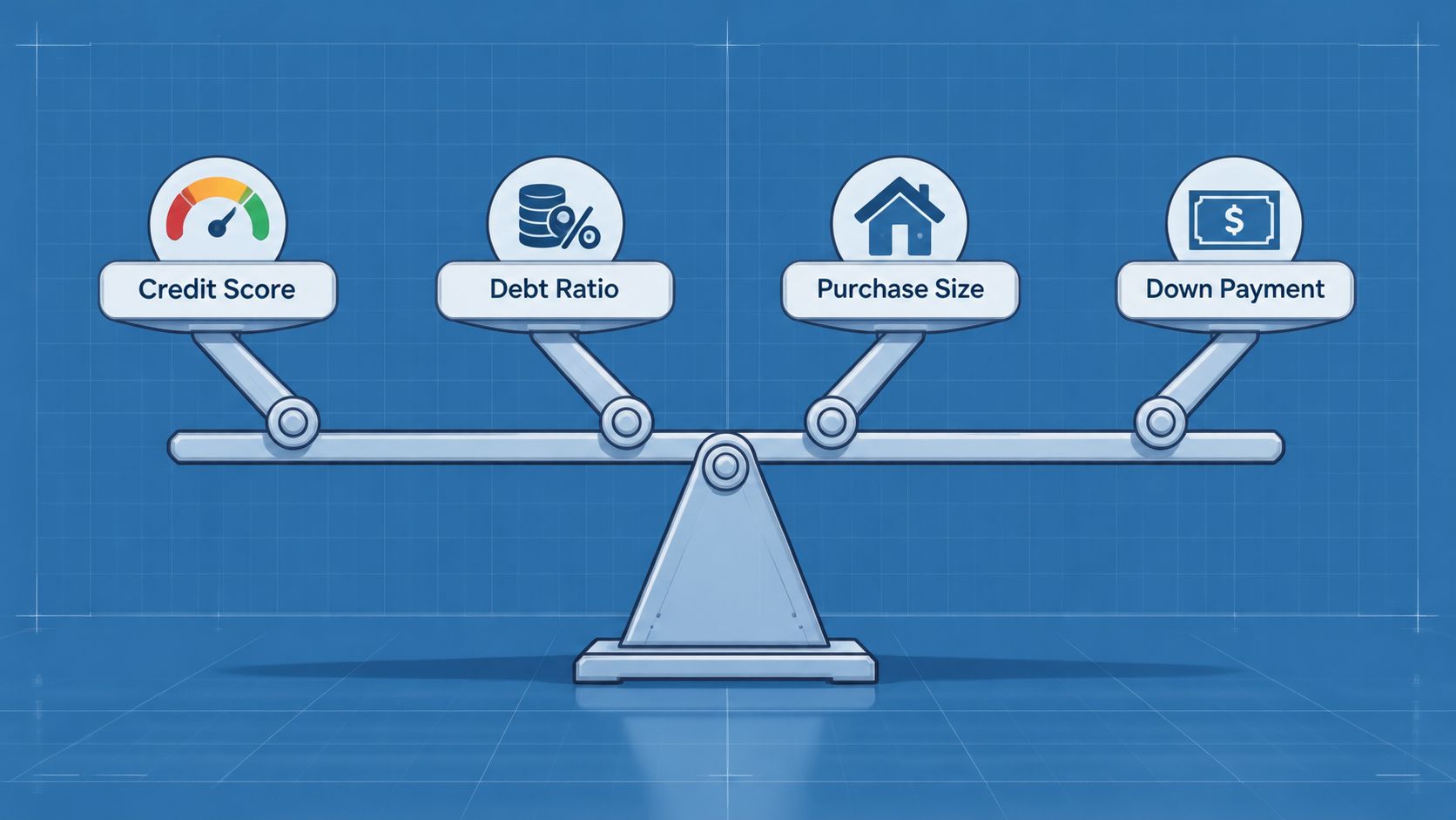 A blueprint-style illustration depicting factors influencing mortgage approval including credit score, debt ratio, purchase size, and down payment.