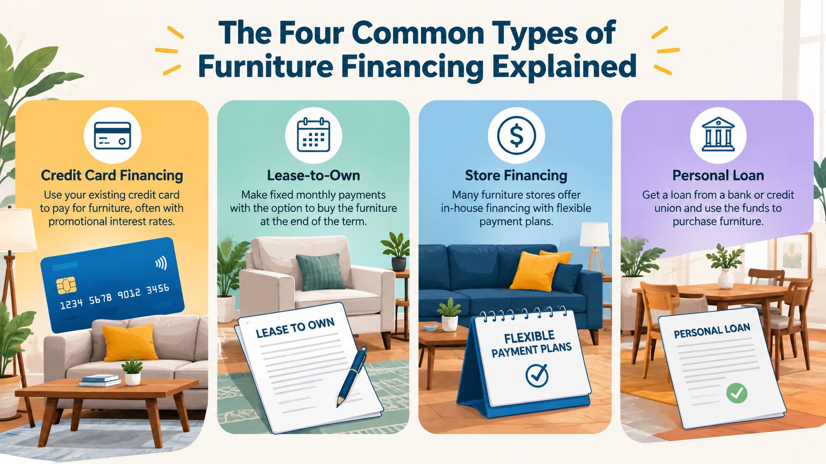 An infographic showing four common methods to finance furniture including credit cards, lease-to-own, store financing, and personal loans.