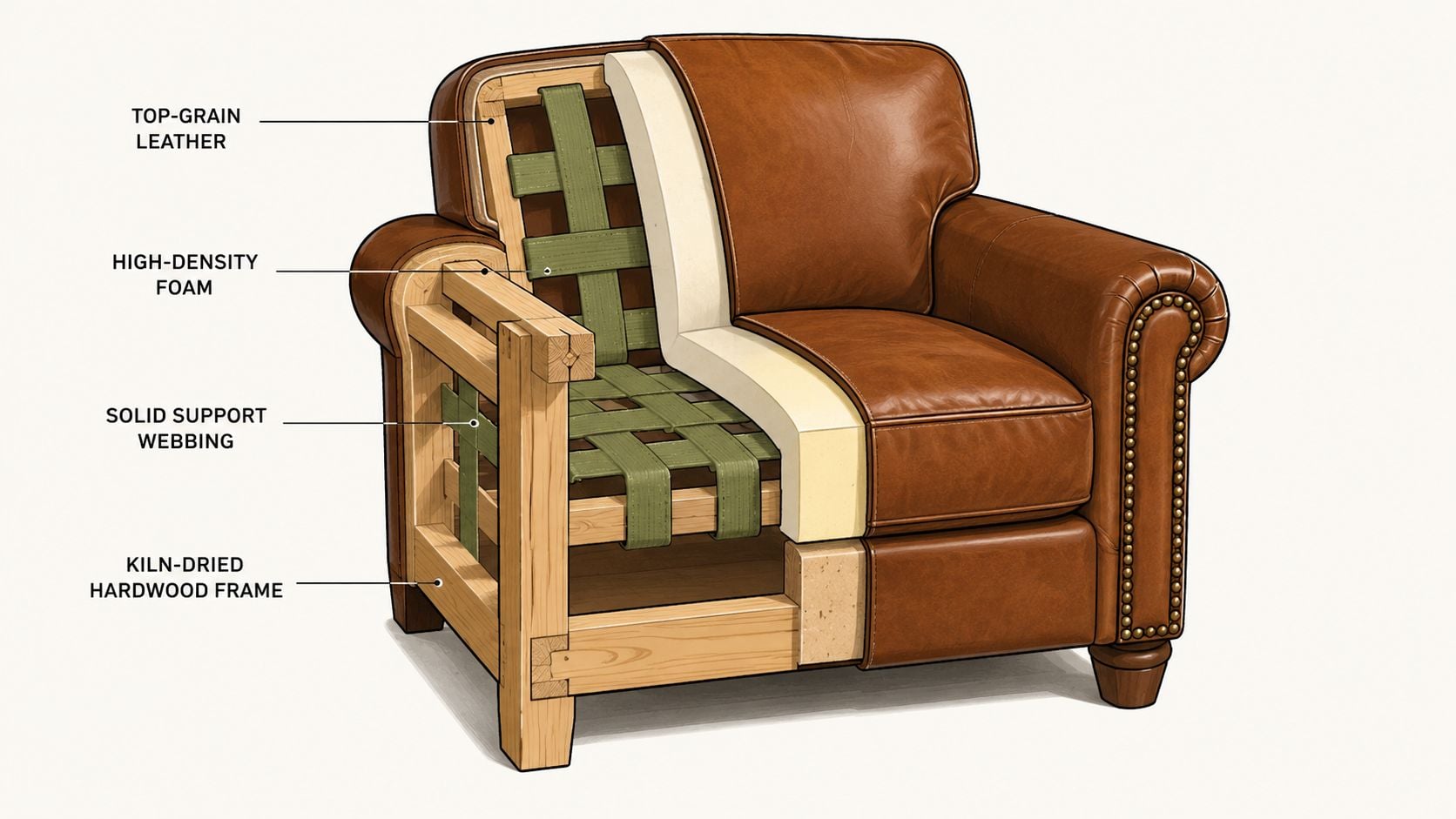A detailed cross-section diagram of a leather armchair showing its internal wooden frame, webbing, and foam padding.