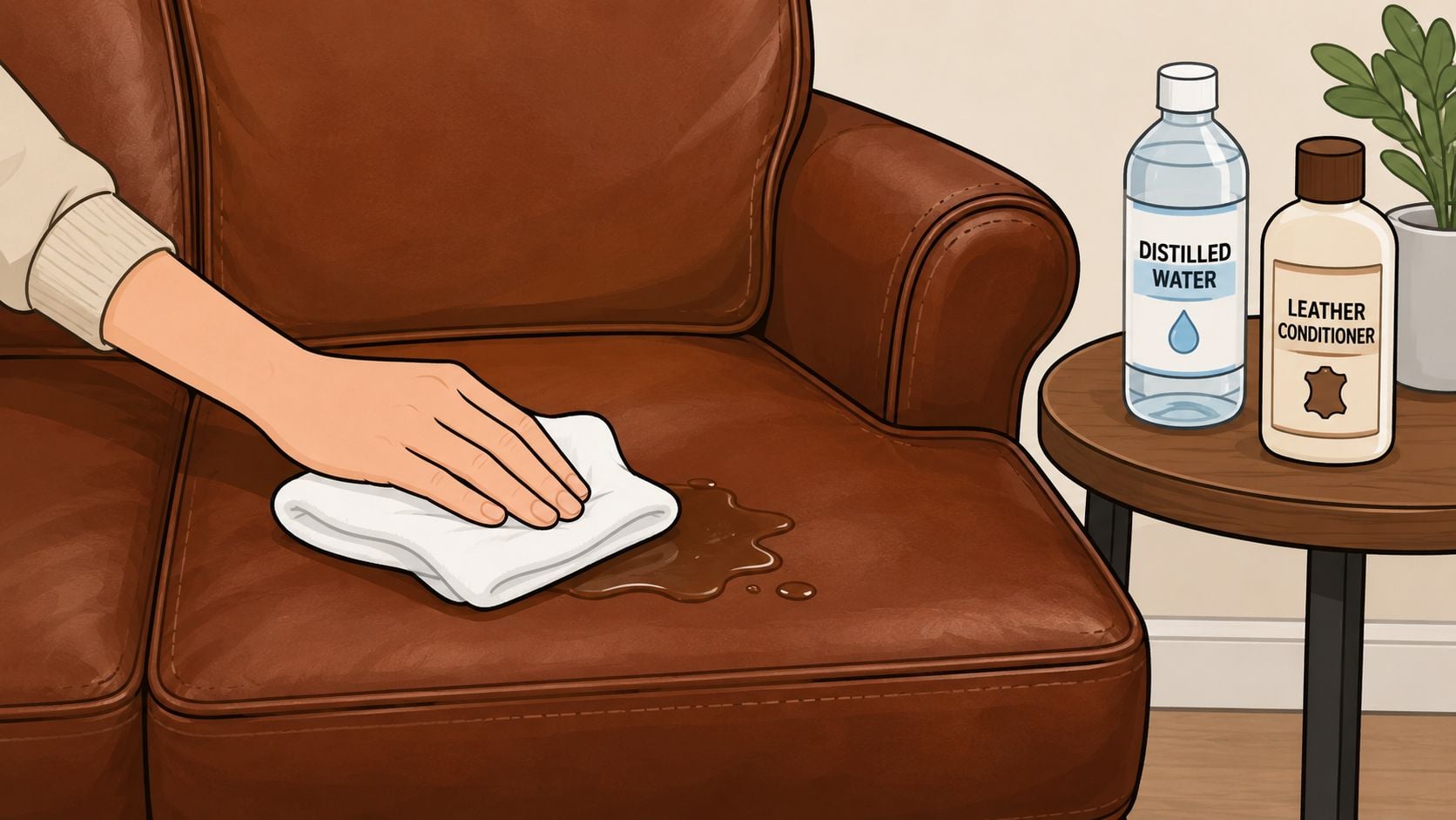 A hand wiping a spill on a brown leather chair with a white cloth, next to cleaning supplies.