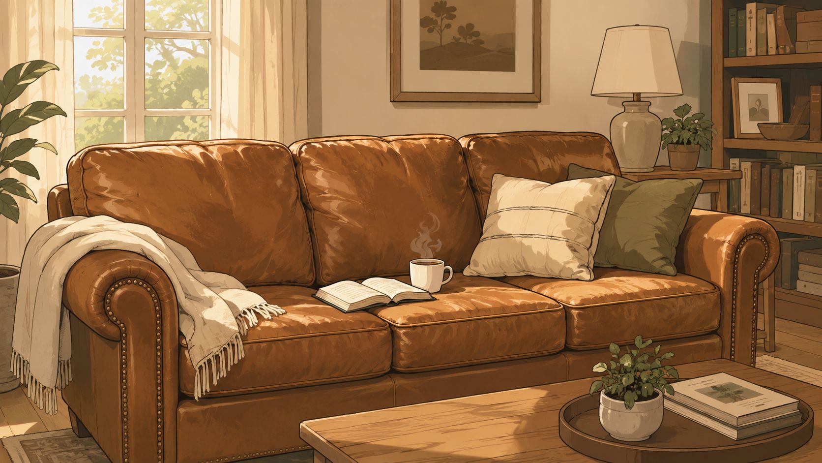 A cozy, sunlit living room featuring a comfortable brown leather sofa with a book and coffee mug.