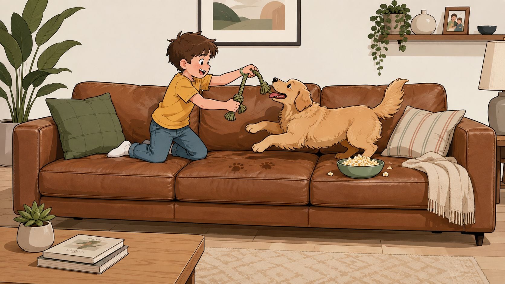 A young boy playing tug-of-war with a golden retriever on a brown leather sofa in a living room.