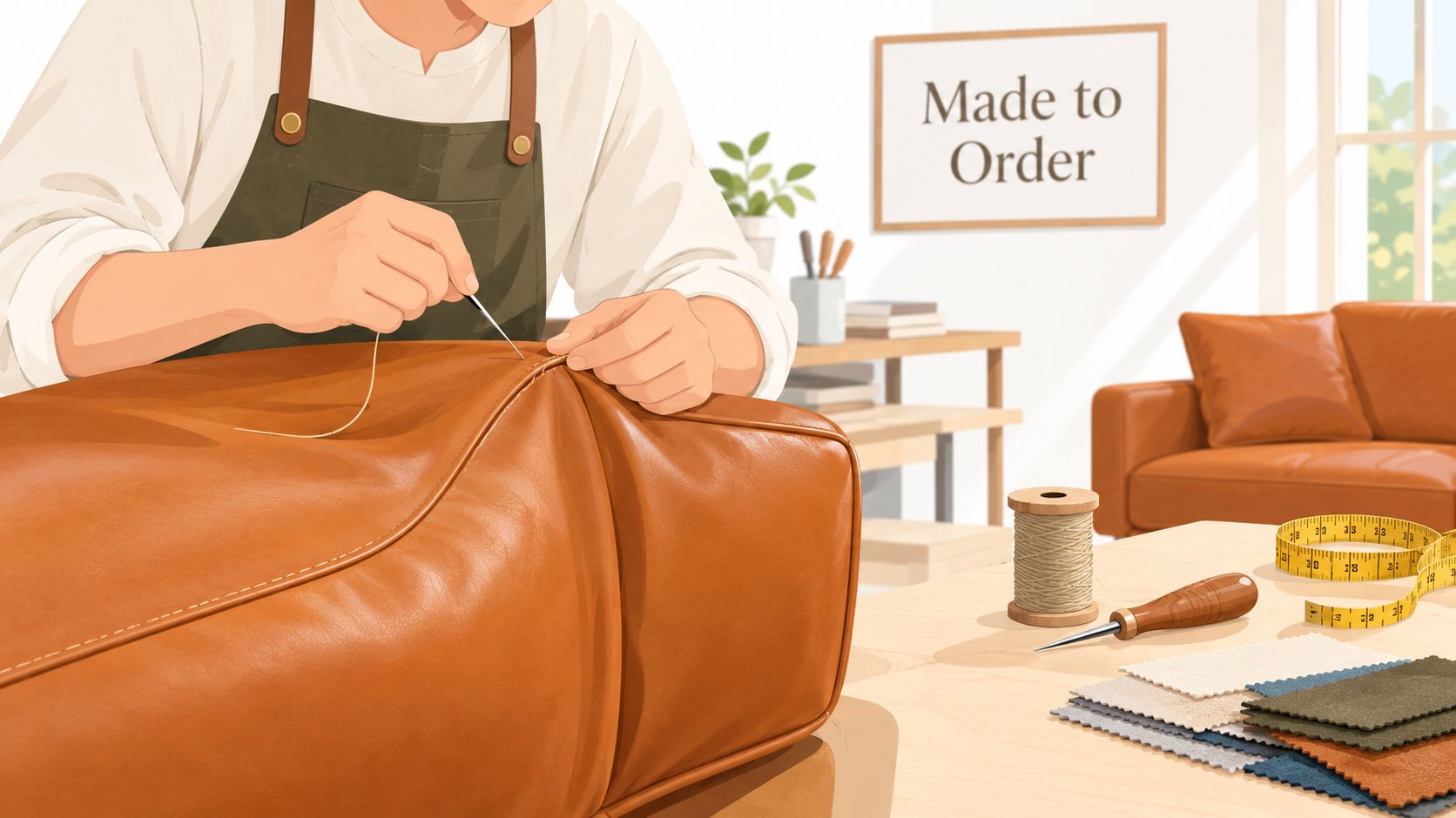 A skilled artisan carefully hand-stitching a high-quality leather sofa in a professional workshop setting.