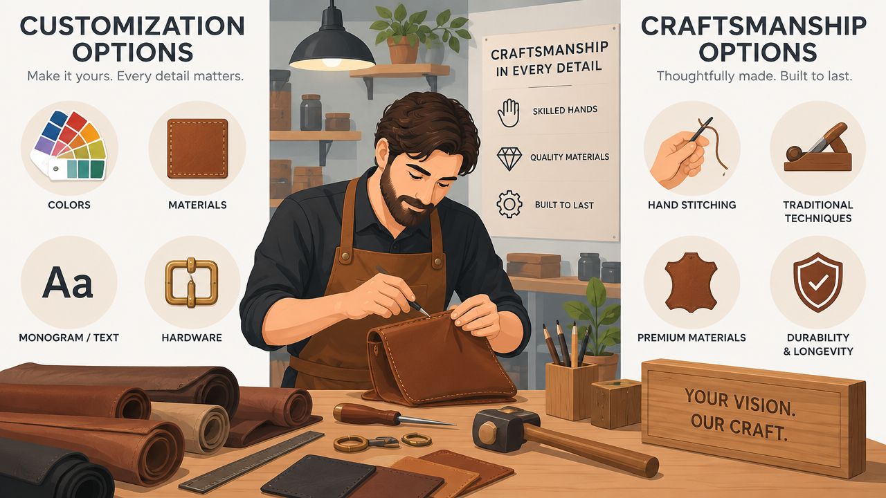 A professional leather craftsman working in a workshop, showcasing various customization and high-quality leather sofa manufacturing options.