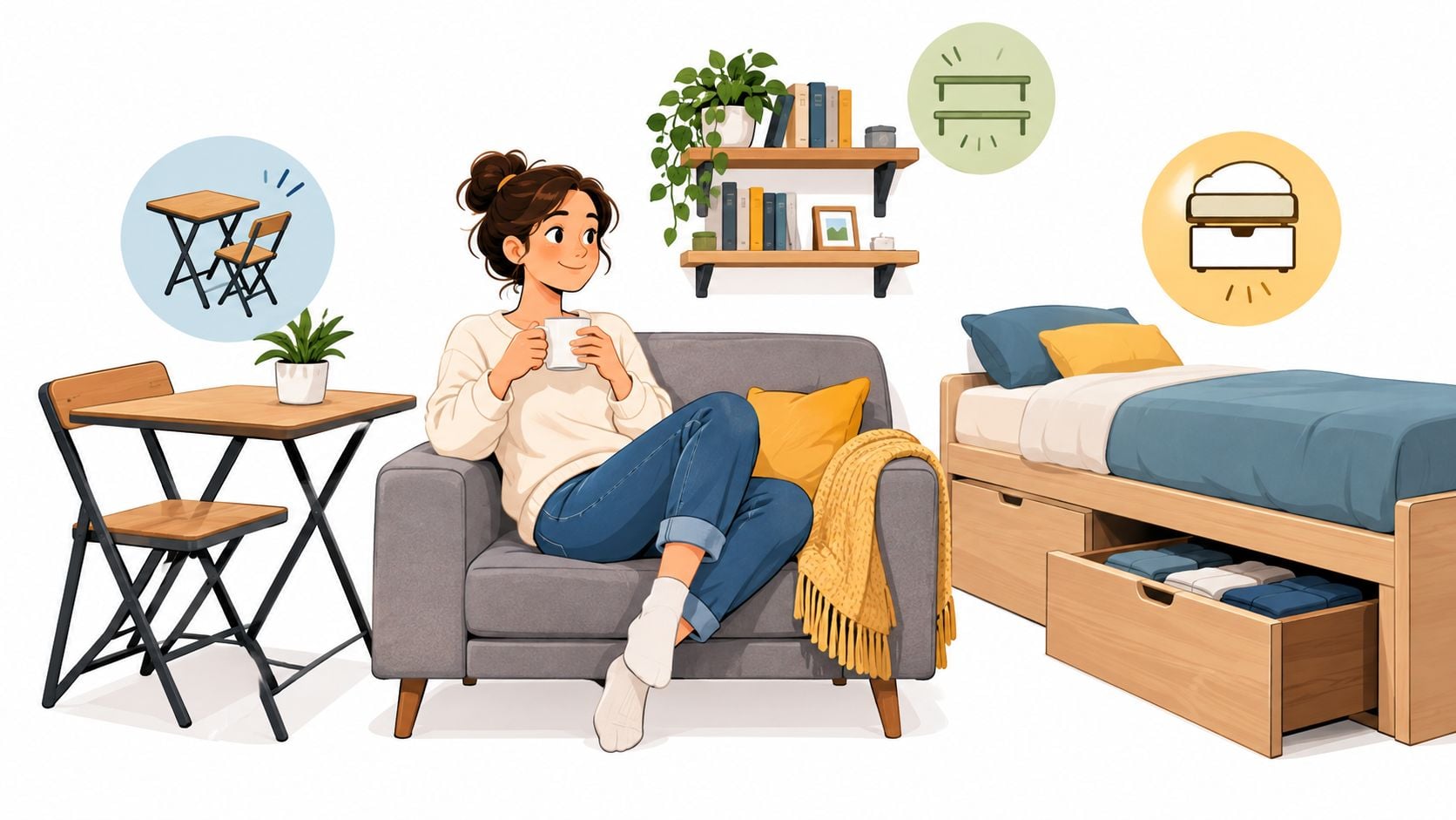 A cozy illustration of a woman relaxing in an armchair surrounded by space-saving furniture options.