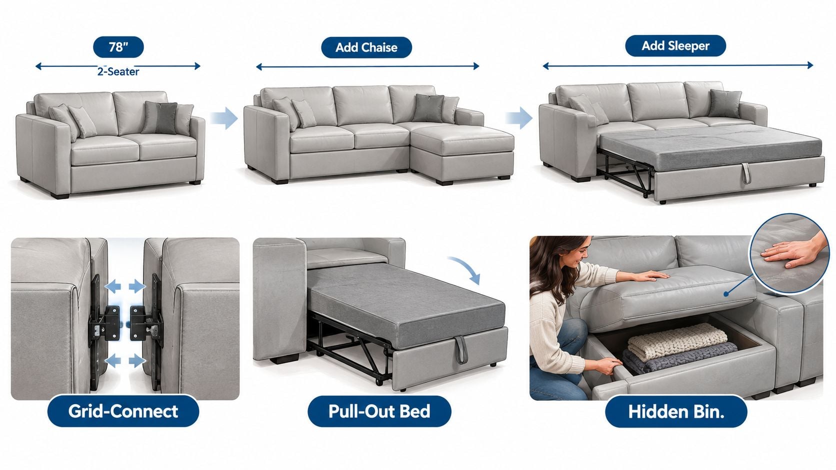 A modular light gray sectional sofa demonstrating configuration options including a chaise, pull-out bed, and storage bin.