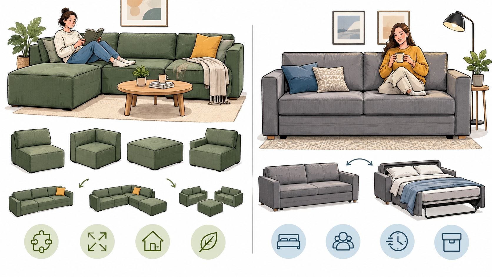 An illustration comparing modular green sectional sofas for flexible living and grey pull-out sleeper sofas for guest rooms.