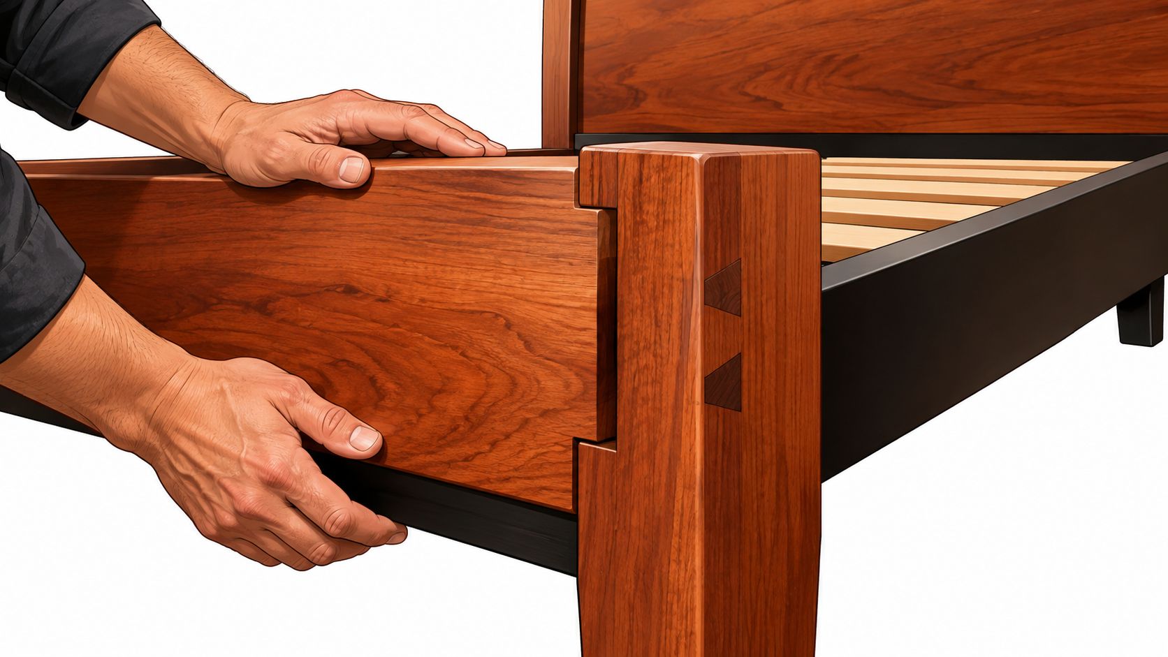 A craftsman assembles a wooden bed frame featuring detailed joinery and a black metal support base.