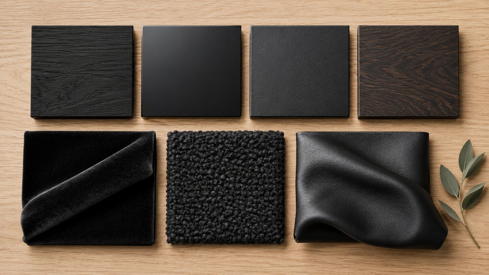 A collection of black material samples including wood, matte, textured, velvet, bouclé, and leather swatches.