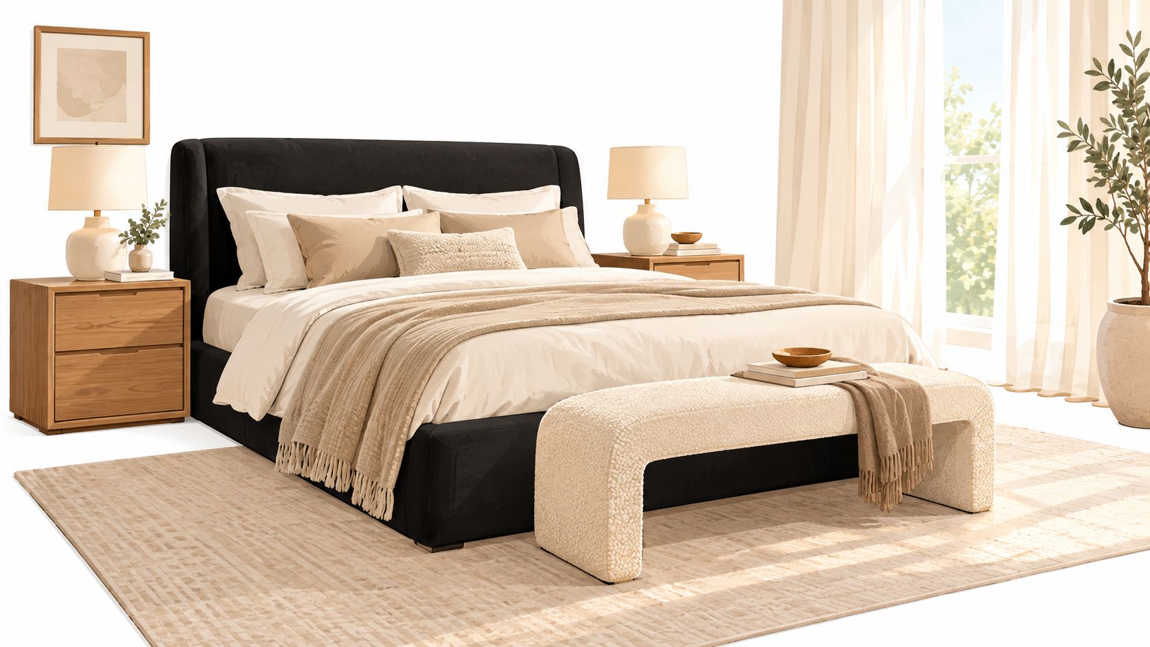 A sophisticated bedroom scene featuring a black upholstered luxury bed, wooden nightstands, and textured bench seating.