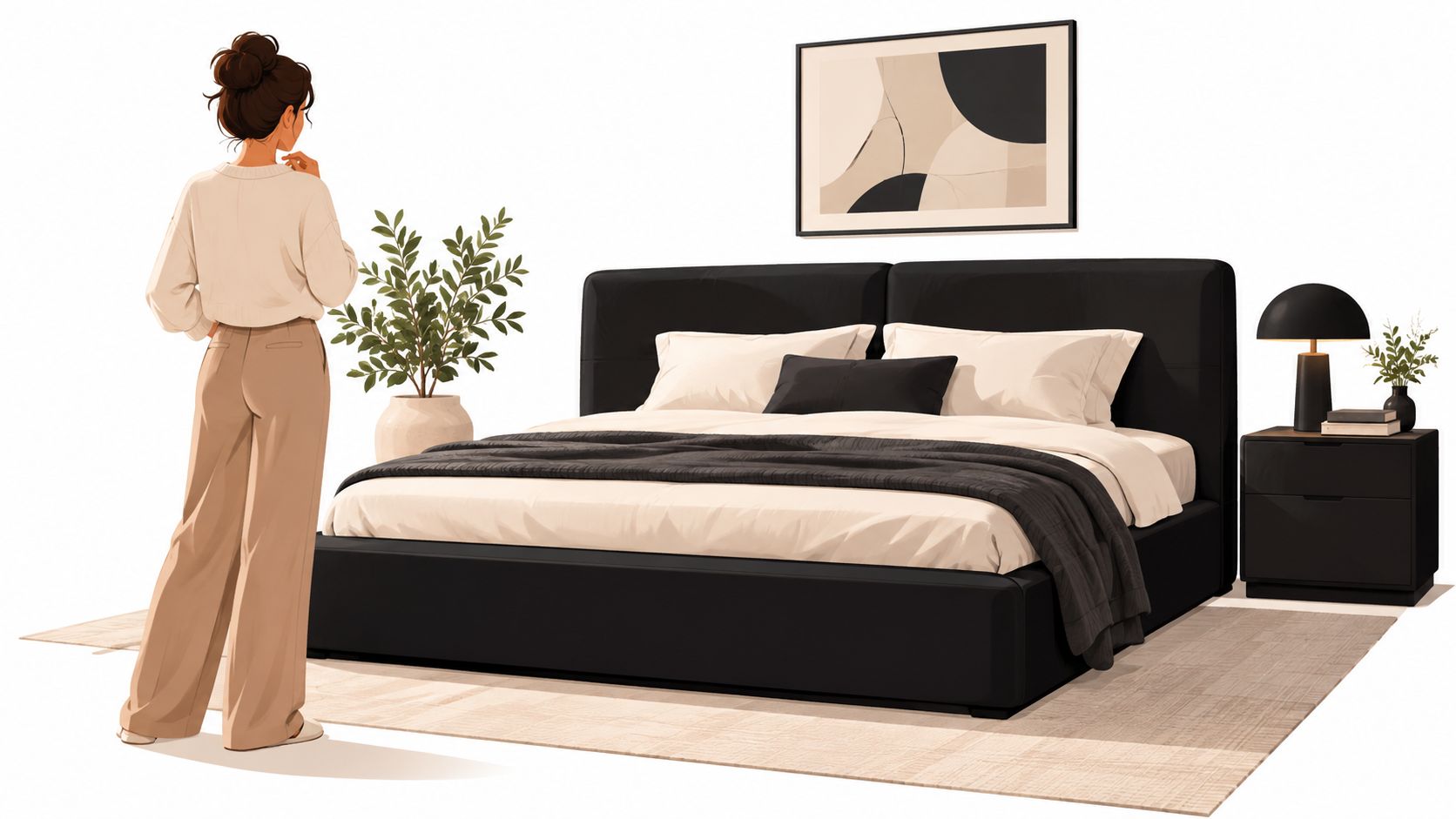 A woman stands in a modern bedroom featuring a stylish black luxury bed with a beige rug.