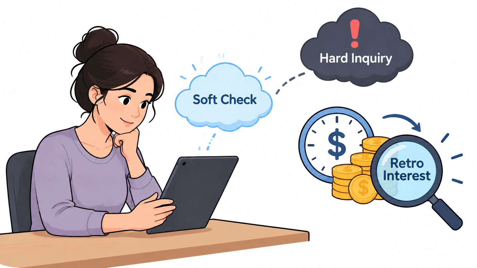 A woman using a tablet while comparing soft checks, hard inquiries, and retroactive interest financial concepts.