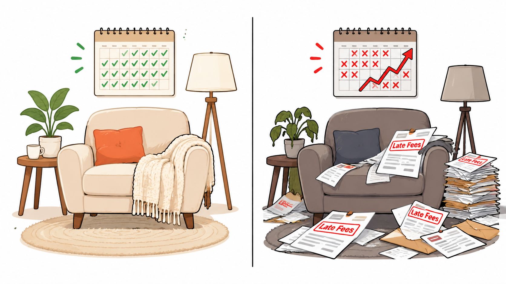 A split image comparing a tidy, organized living room with a disorganized room filled with late fee notices.