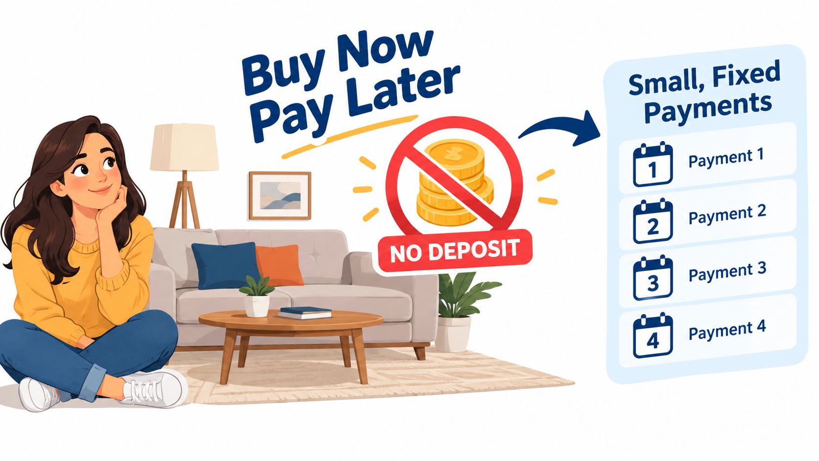 An illustration of a young woman sitting on a rug in front of a sofa with a Buy Now Pay Later graphic.
