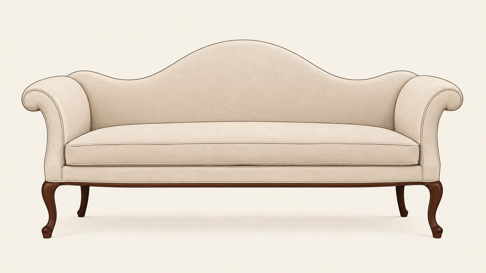 A classic beige camel back sofa featuring elegant curved wooden legs against a solid light background.
