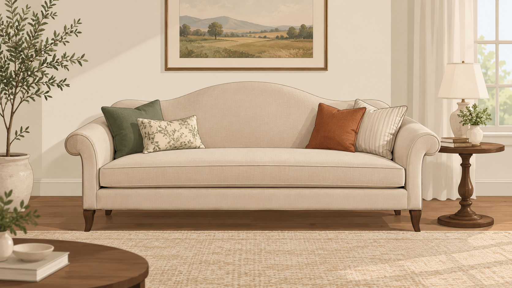 A beige camel back sofa with decorative throw pillows sits in a bright, modern living room interior.