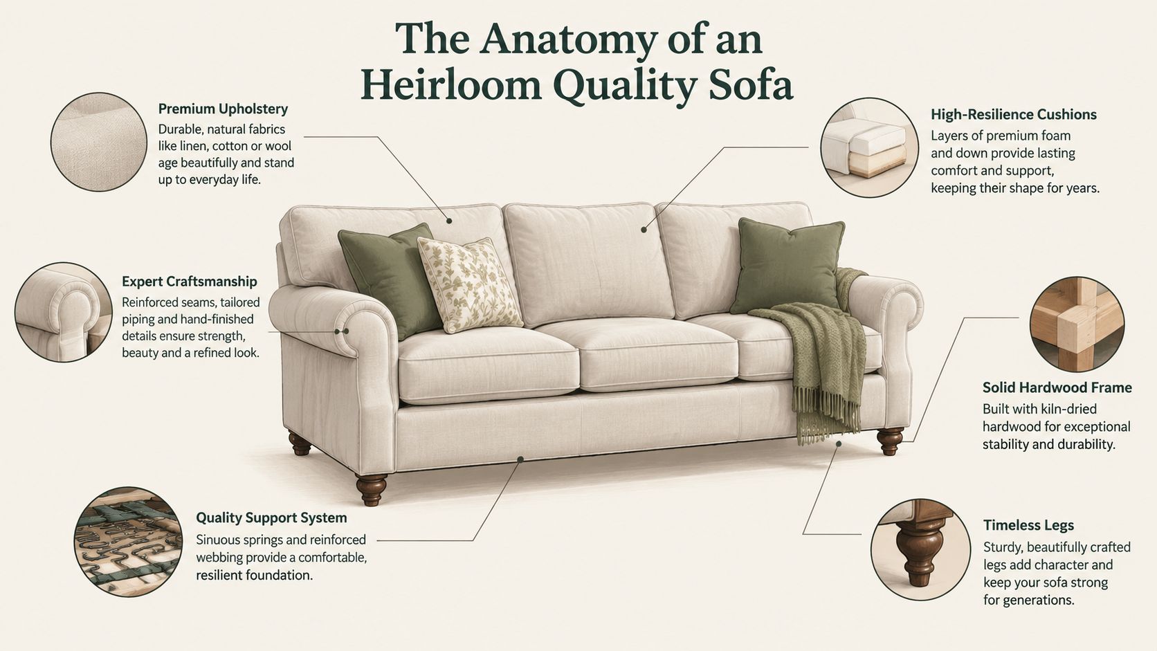 An infographic showing the anatomical features and high-quality construction components of an heirloom quality beige sofa.