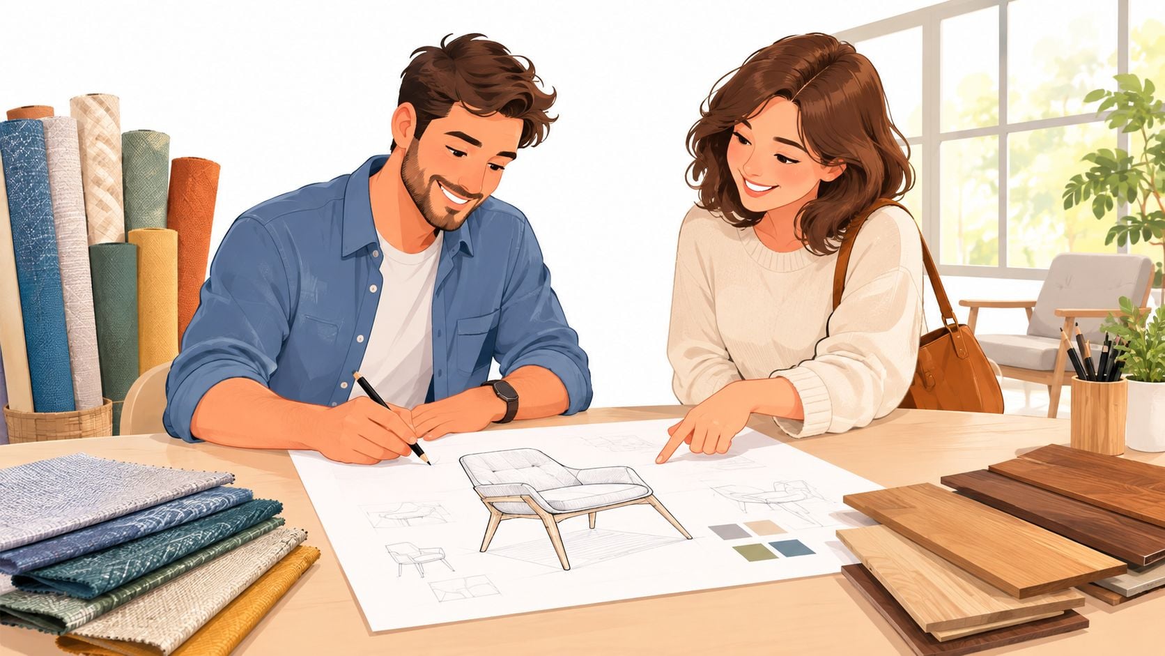 A professional interior designer and client reviewing custom furniture upholstery designs and wood samples in a studio.