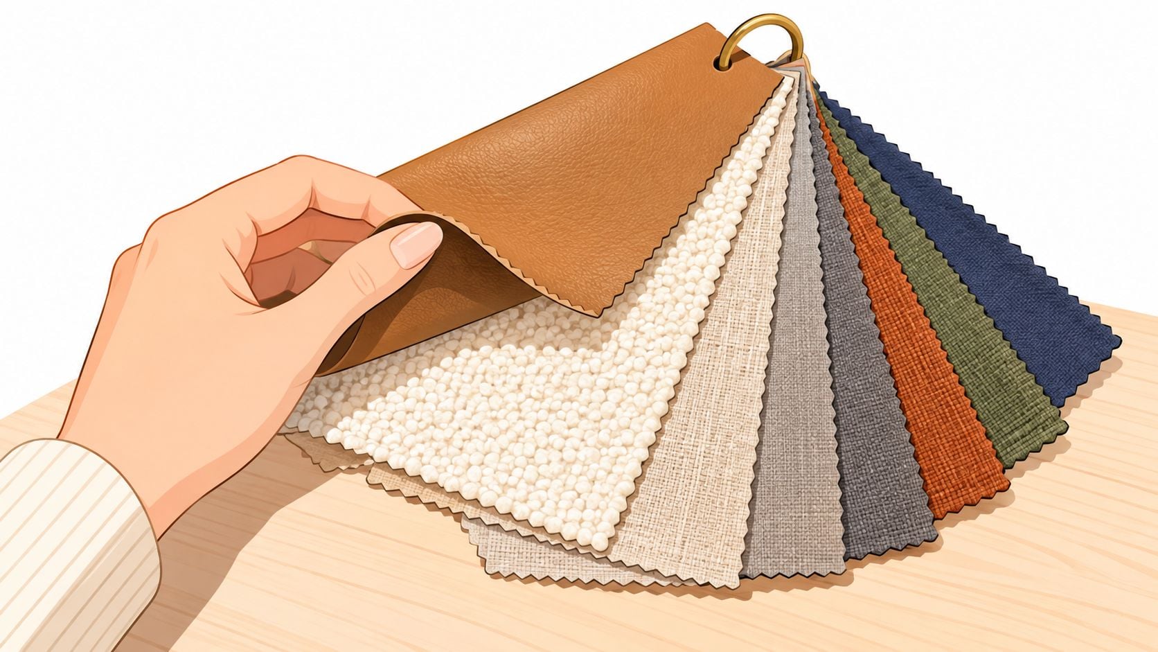 A hand holding a leather and fabric sample swatch book for custom upholstery dining chair design choices.
