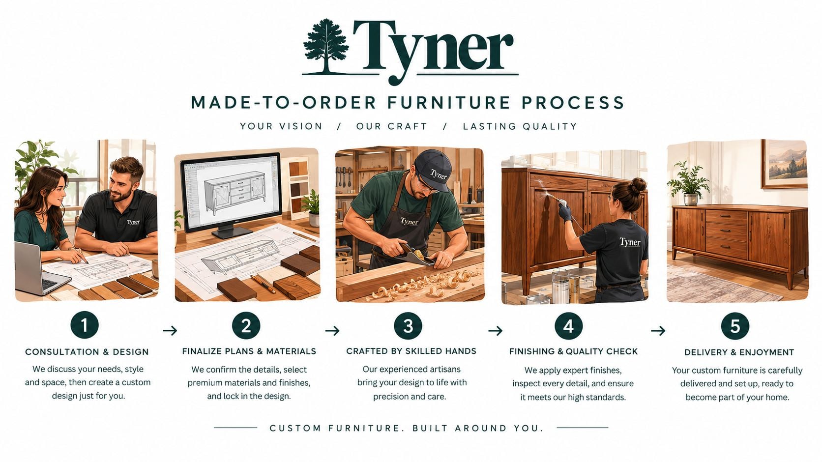 An infographic showing the five-step custom furniture creation process for Tyner, from consultation to final delivery.