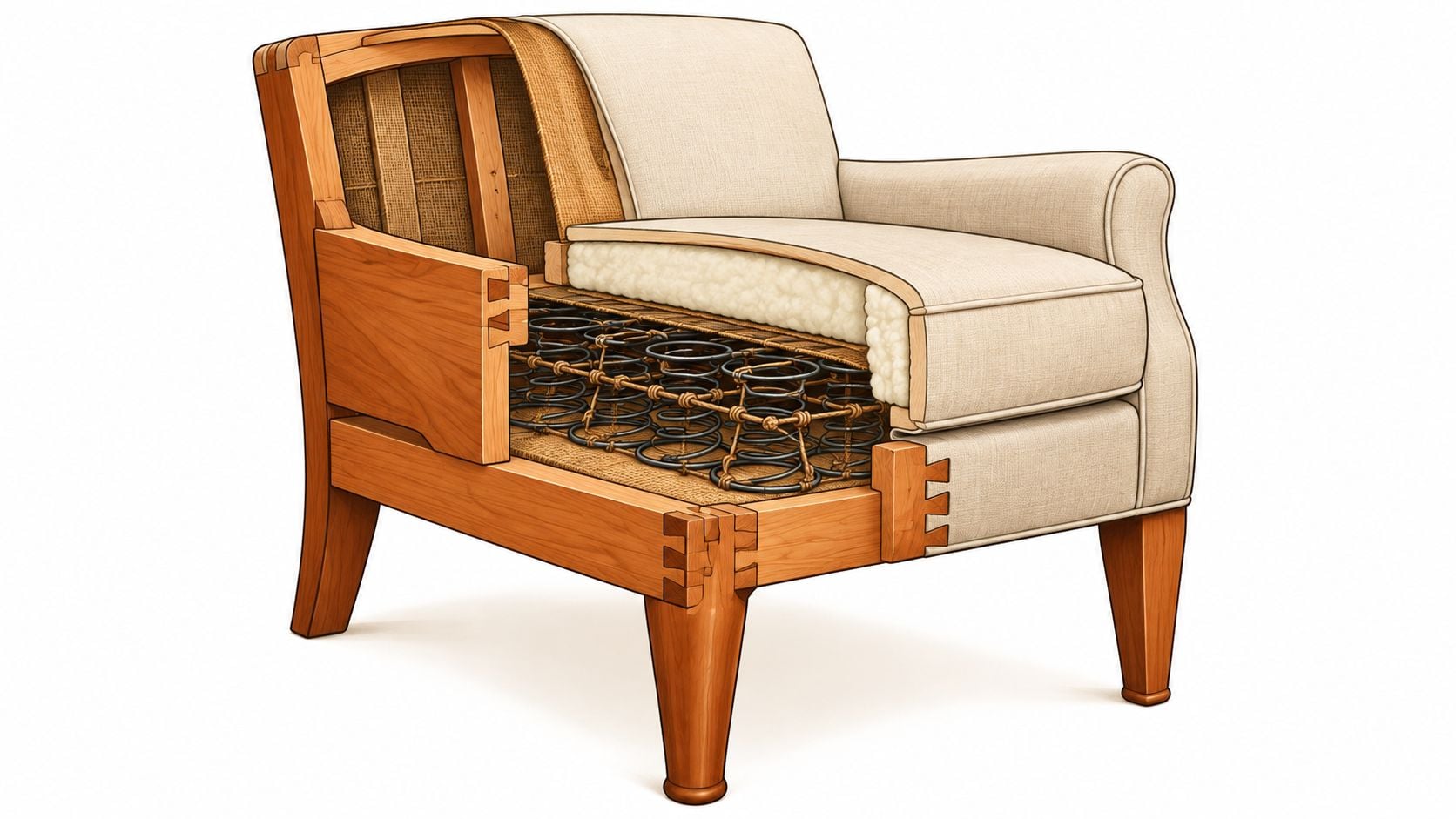 A cutaway view showing the internal construction of an upholstered armchair with springs, wood frame, and fabric.