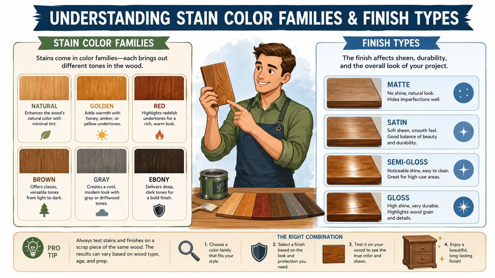 A helpful infographic explaining how to choose wood stain color families and various surface finish types.