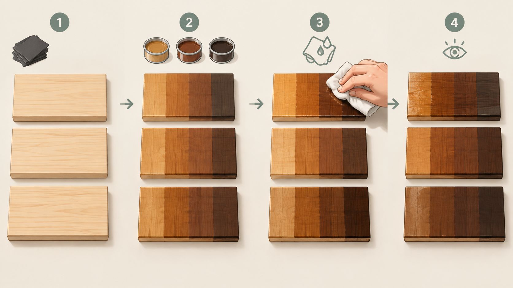 A four-step tutorial illustration showing the process of applying different custom wood stain colors to wood boards.
