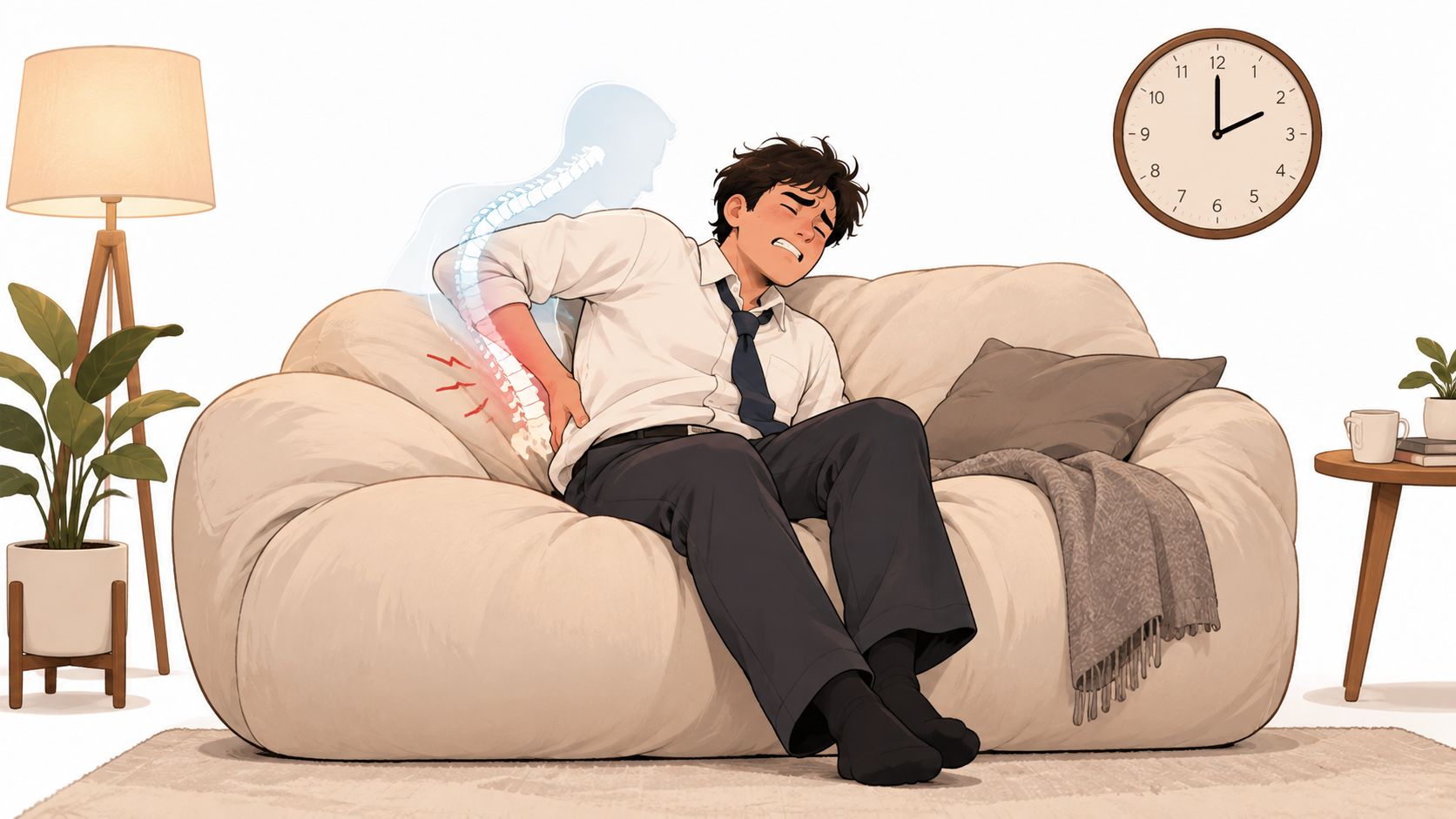 A man in a dress shirt sits on an ergonomic sofa experiencing severe lower back pain.