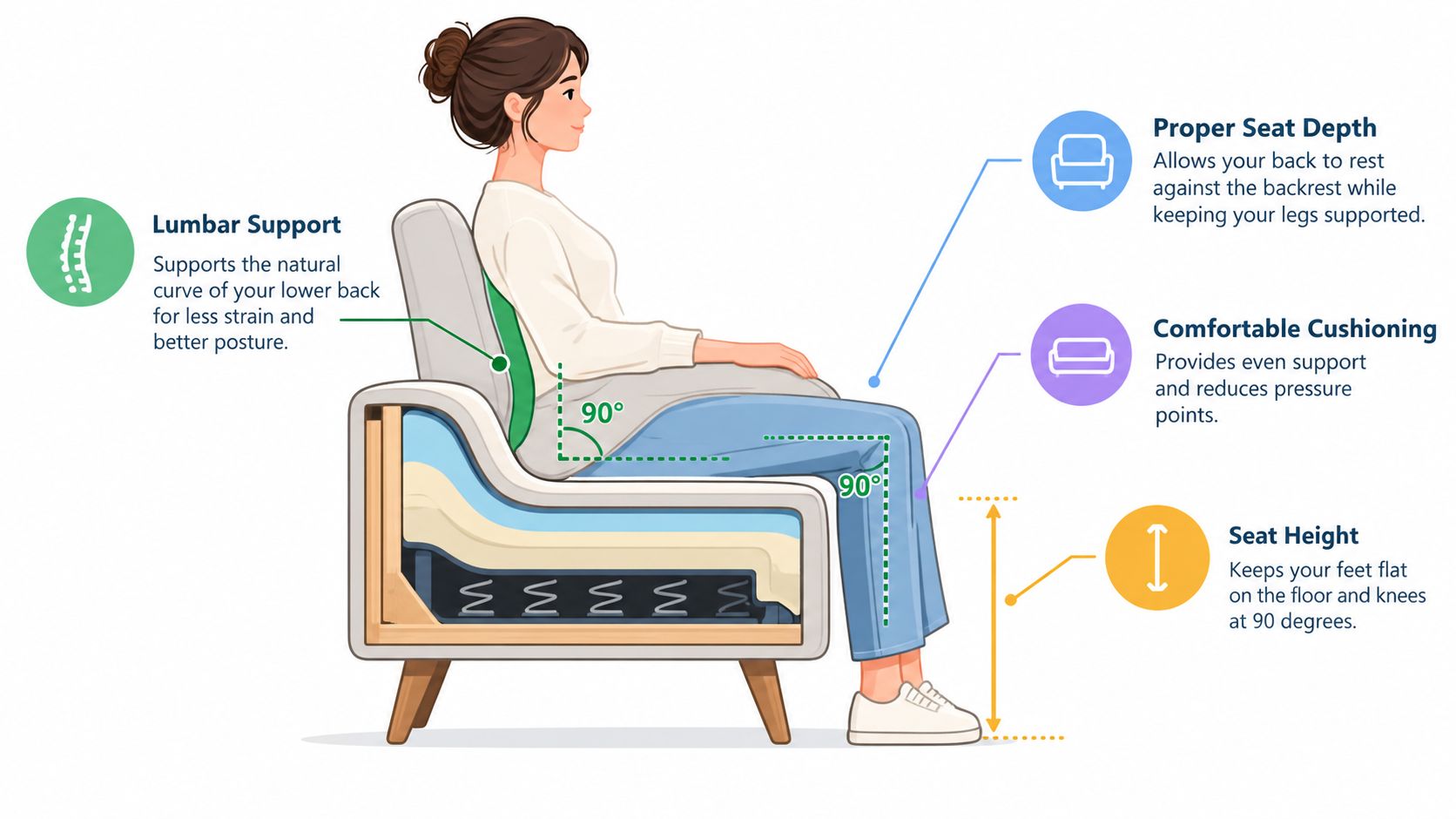 A diagram illustrating ergonomic features of a comfortable sofa for proper posture and back support.
