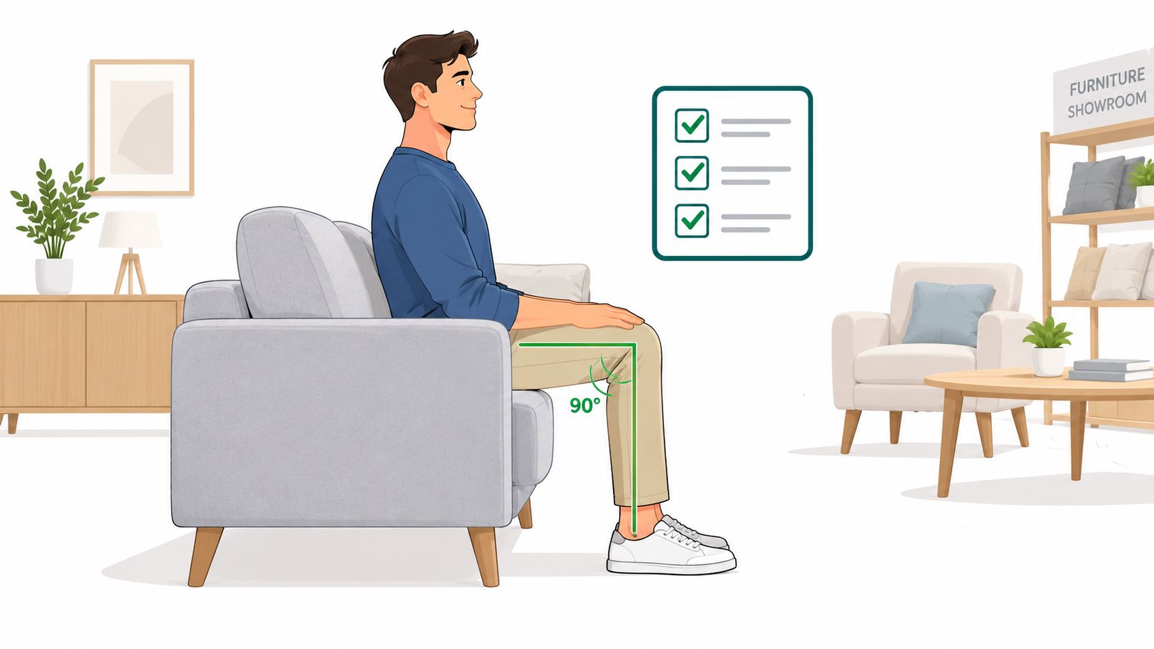A man sitting correctly on a grey couch with his knees bent at a ninety-degree angle.