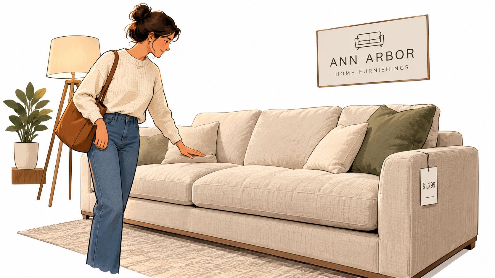 A woman shopping for a comfortable beige sofa at an Ann Arbor home furnishings furniture store.