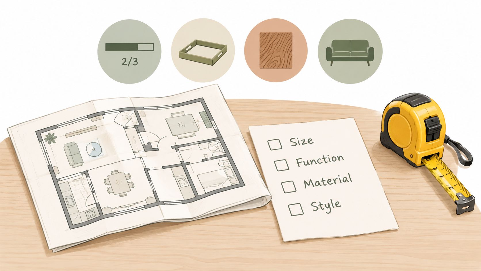 A floor plan, checklist, and tape measure on a wooden surface representing interior design planning steps.