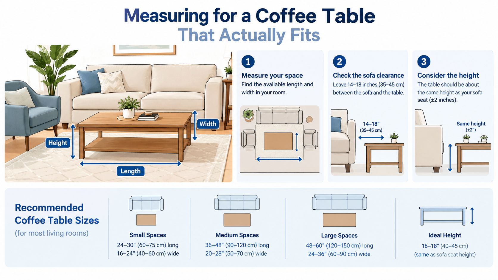 An infographic showing guidelines for measuring and choosing the right coffee table size for your living room.