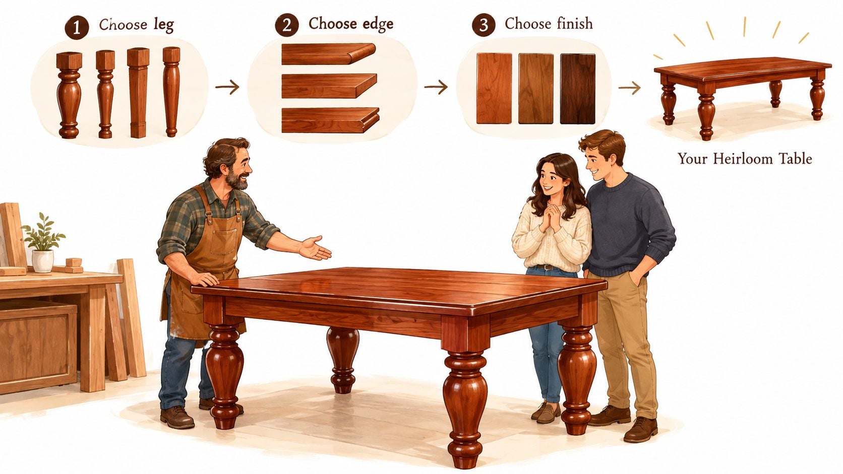 A carpenter showing a custom handmade dining table to a young couple in his woodworking workshop.
