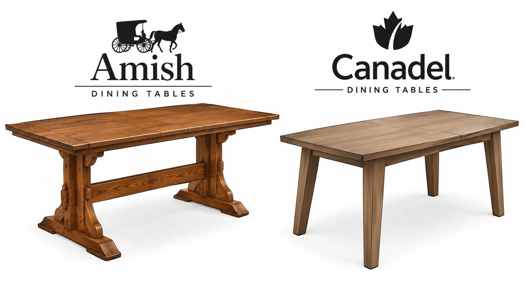 A side-by-side comparison featuring an Amish trestle dining table and a modern Canadel leg dining table.