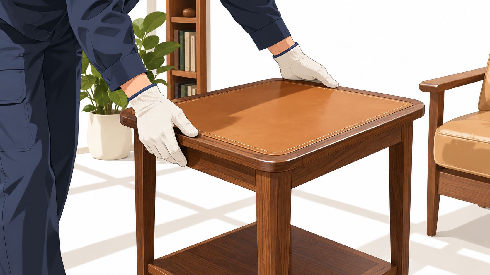 A professional mover wearing white gloves carefully placing a modern wooden side table in a room.
